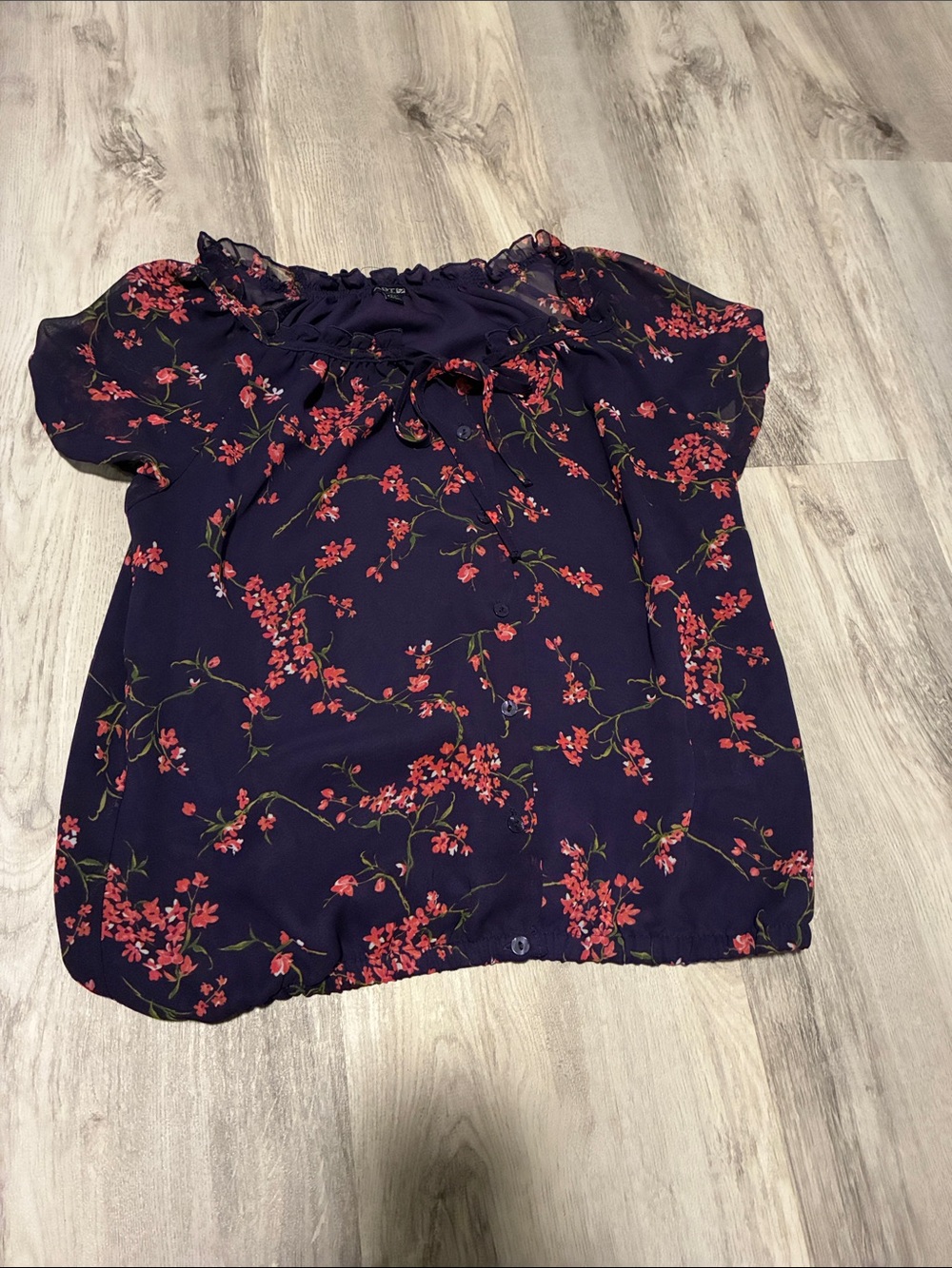 Navy Floral Short-Sleeve Tie-Neck Blouse
